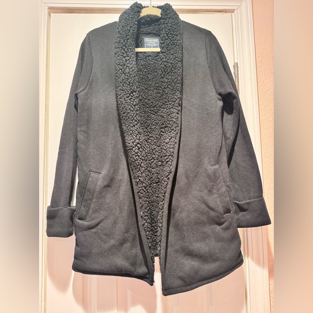 Abercrombie & Fitch Womens M Black Knit Sherpa-Fleece Lined Jacket Open Front - Picture 9 of 14